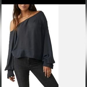 Free People Justina Top One-Shoulder Viscose Blouse in Metal Stiletto Size L